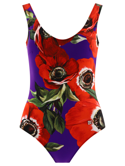 Dolce & Gabbana Racing Anemone-print Swimsuit In Anemone Viola