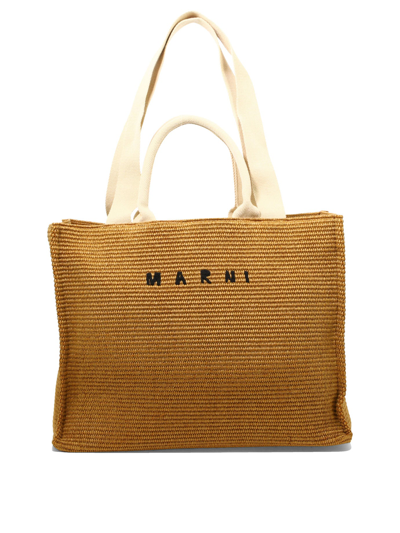 Marni Large Logo Raffia Effect Tote Bag In Raw Sienna