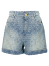 Balmain Monogram-print Cotton Denim Shorts In Light Blue
