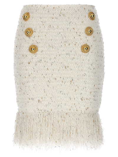Balmain Tweed Skirt With Fringed Hem And Gold-tone Buttons In White