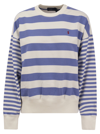 Polo Ralph Lauren Crew-neck Sweatshirt With Stripes In White/light Blue