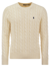 Polo Ralph Lauren White Cable Knit Crewneck Sweater With Pony Embroidery On The Front In Wool And Cashmere Man