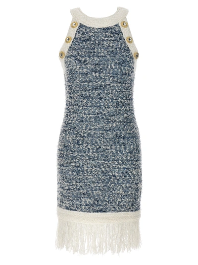 Balmain Tweed Mini Dress In Light Blue