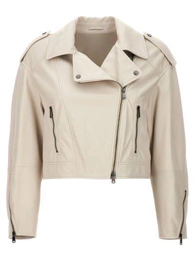 Brunello Cucinelli Nappa Leather Biker With Shiny Details In White