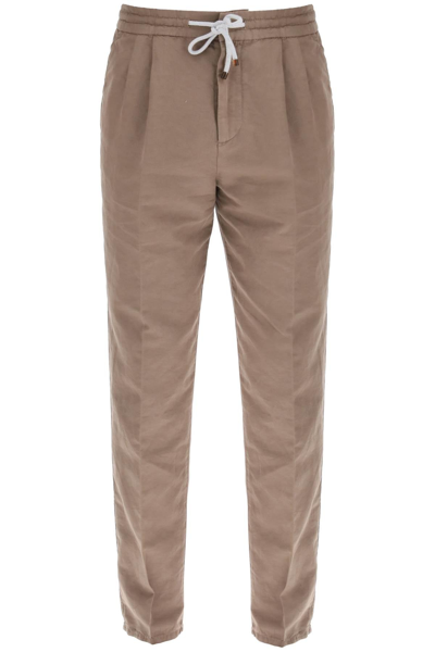 Brunello Cucinelli Linen Blend Trousers In Brown