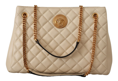 Versace White Nappa Leather Medusa Tote Bag In Beige