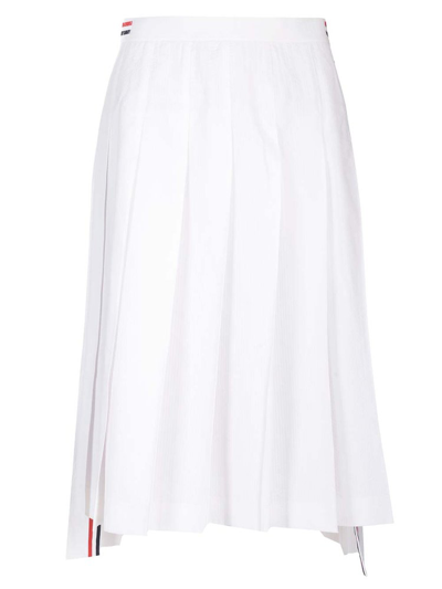 Thom Browne Rwb Stripe Detailed Pleated Midi Skirt In White