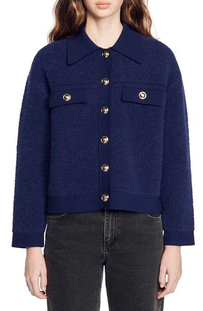 Sandro Womens Bleus Ted Flap-pocket Knitted Cardigan In Blue
