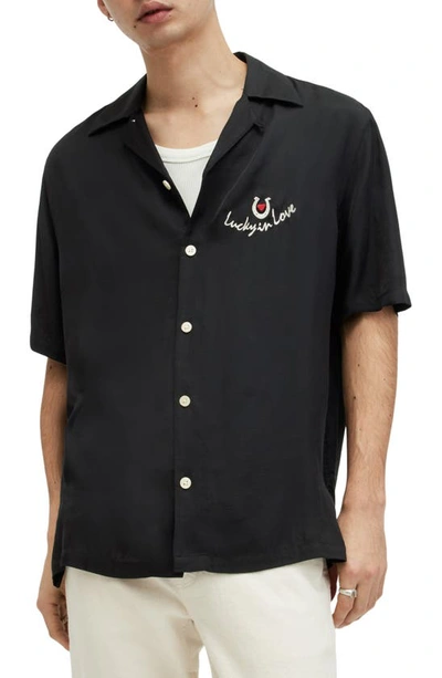 Allsaints Chanceux Embroidered Camp Shirt In Jet Black