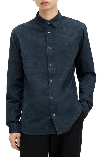 Allsaints Lorella Textured Ramskull Slim Fit Shirt In Marine Blue