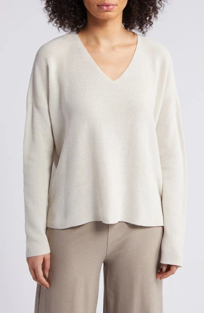 Eileen Fisher V-neck Organic Cotton Pullover Jumper In Bone