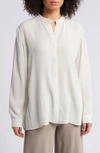 Eileen Fisher Rib Band Collar Silk Button-up Shirt In Bone