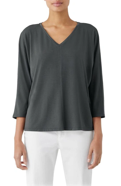 Eileen Fisher V-neck Three-quarter Sleeve Top In Grove