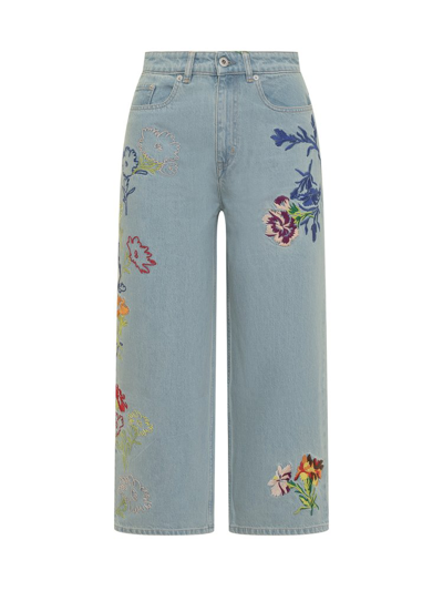 Kenzo Floral Embroidered Cropped Wide Leg Jeans In Multi