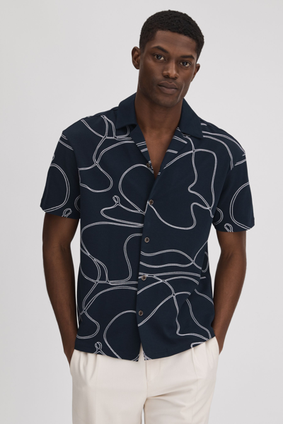 Reiss Menton Swirl Embroidery Short Sleeve Button Front Camp Shirt In Navy