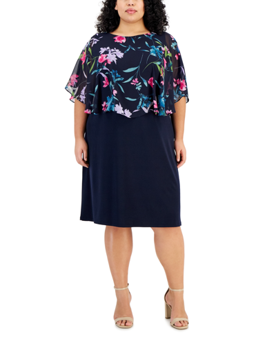 Connected Plus Size Printed Cape-overlay Sheath Dress In Nyf