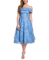 Eliza J Petite 3d Floating Flowers Off-the-shoulder Midi Dress In Slate