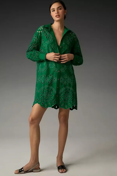 By Anthropologie Long-sleeve Cutout Mini Shirt Dress In Green