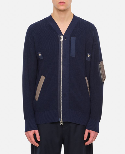 Sacai Nylon Twill And Knit Cardigan In Blue