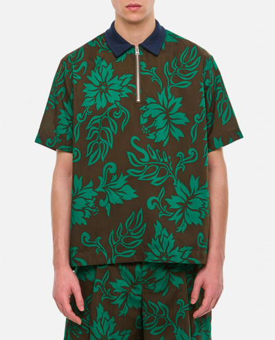 Sacai Men's Floral-print Quarter Zip Polo Shirt In Green