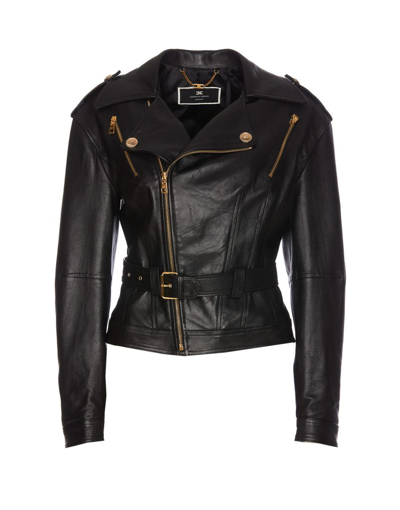 Elisabetta Franchi Leather Biker Jacket In Black