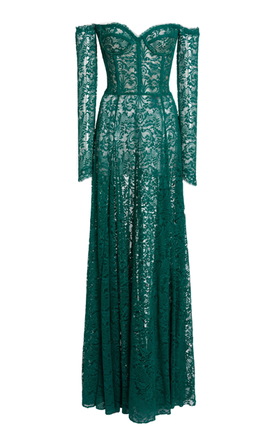 Zuhair Murad Floral Lace Off-the-shoulder Bustier Gown In Green