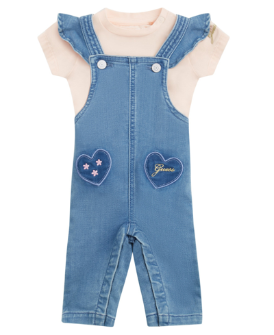 Guess Baby Girls Short Sleeve T Shirt And Overall With Embroidered Heart Appliques, 2 Piece Set In Blue And Blush