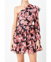 Endless Rose Floral One-shoulder Single Long Sleeve Chiffon Minidress In Black,red