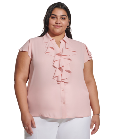Calvin Klein Plus Size Ruffle-front Cap-sleeve Top In Silver Pink