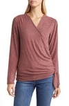 Loveappella Long Sleeve Faux Wrap Top In Rose
