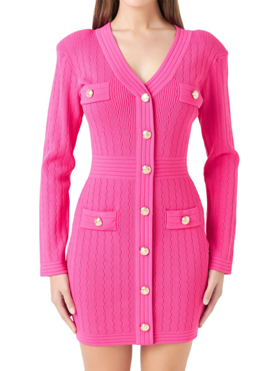 Endless Rose Women's V-neck Long Sleeve Knit Mini Dress In Fuchsia