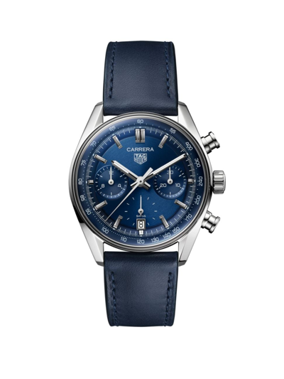 Tag Heuer Carrera Stainless Steel & Leather Chronograph Watch In Blue