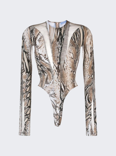 Mugler Illusion Bodysuit In Warped Snake Roccia