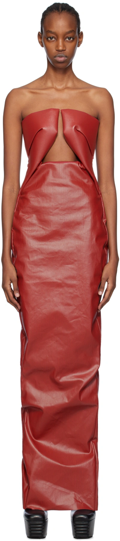 Rick Owens Prong Strapless Coated-denim Maxi Dress In Red