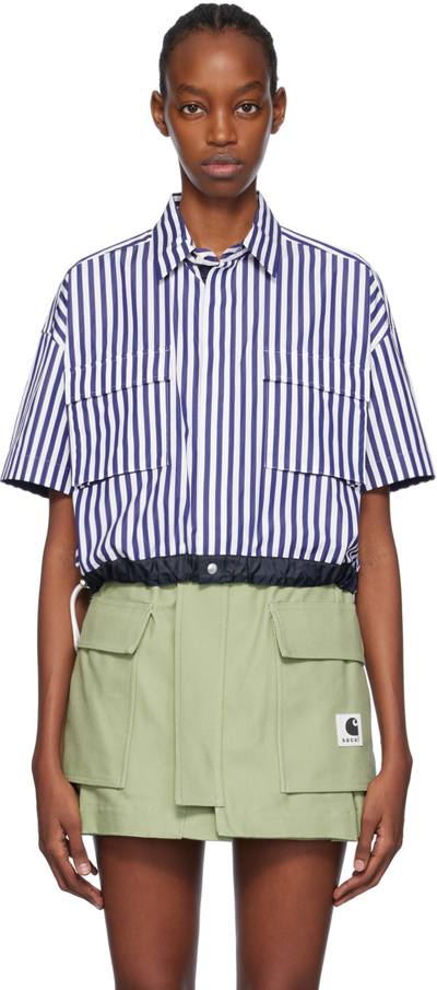 Sacai White & Navy Thomas Mason Edition Shirt In Navy Stripe (222)