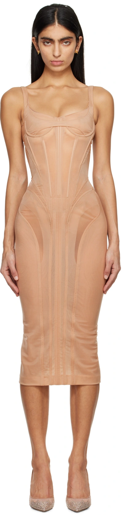 Mugler Beige Corseted Midi Dress In 2999 Tan