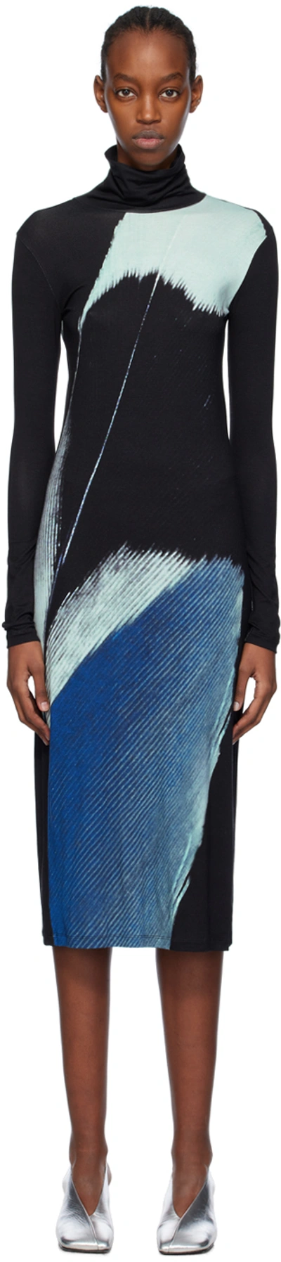 Shang Xia Black Printed Midi Dress In Feather Blu