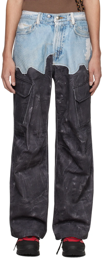 Andersson Bell Blue & Black Printed Denim Cargo Pants In Denim/black