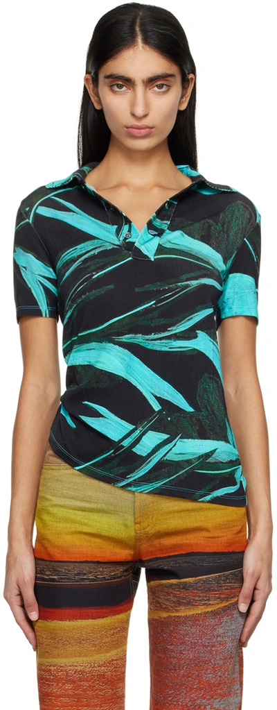 Louisa Ballou Black & Blue Printed Polo In 5042 Turquoise Flowe