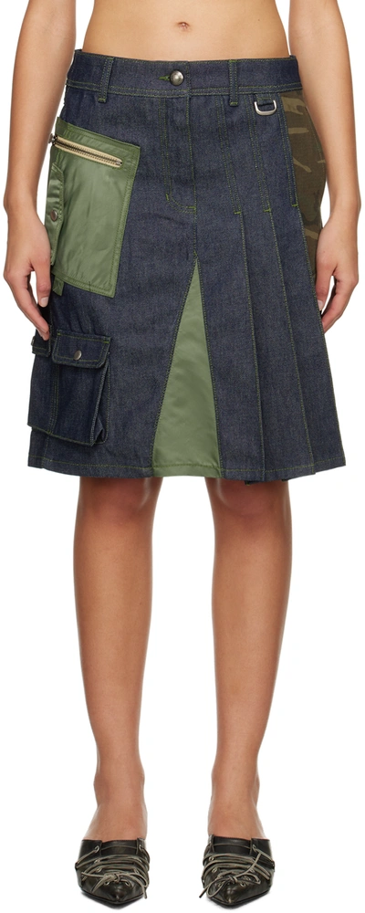 Andersson Bell Blue & Khaki Marta Half-pleats Midi Skirt In Indigo