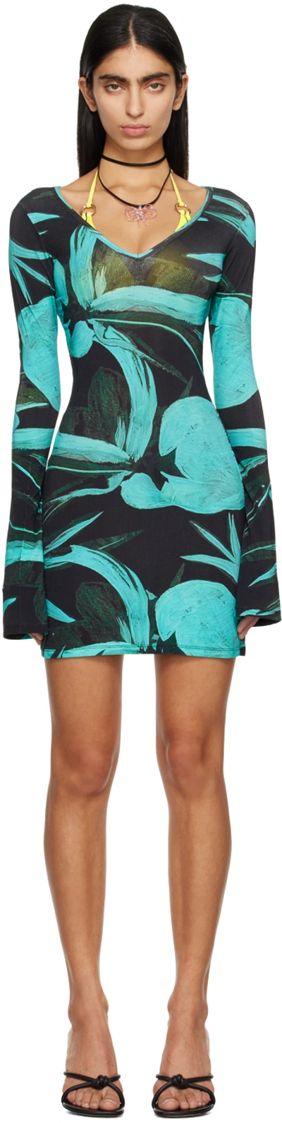 Louisa Ballou Ribbed Mini Dress In 5042 Turquoise Flowe
