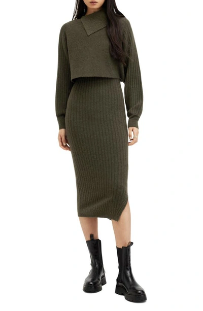 Allsaints Margetta 2-in-1 Ribbed Midi Dress In Khaki Green