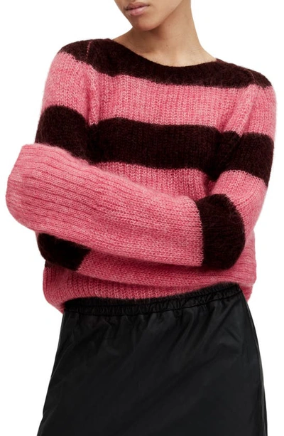 Allsaints Lana Brushed Striped Jumper In Poppy Pink/red