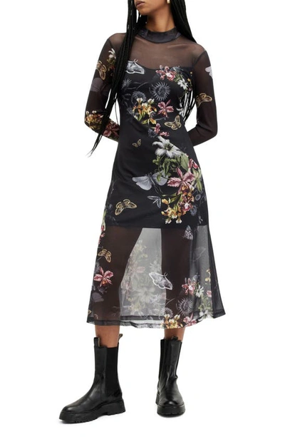 Allsaints Hanna Sanibel Floral Print Long Sleeve Mesh Maxi Dress In Black