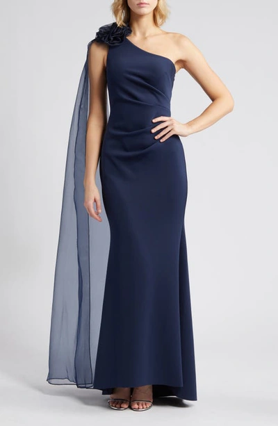 Eliza J One Shoulder Jersey Gown With Scarf Detail In Navy