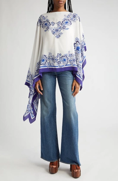 Etro Placed Floral Print Silk Poncho In Print Floral White