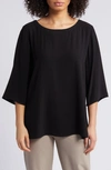 Eileen Fisher Scoop-neck 3/4-sleeve Silk Top In Black