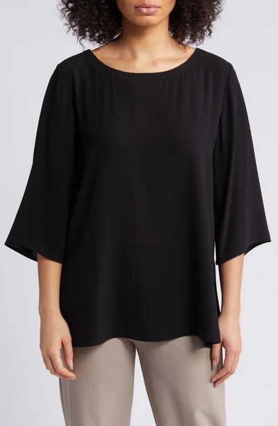 Eileen Fisher Scoop-neck 3/4-sleeve Silk Top In Black