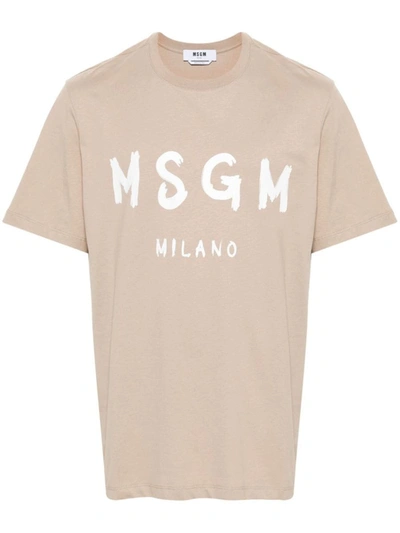 Msgm Logo-print Cotton T-shirt In Beige