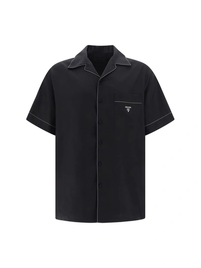Prada Logo-embroidered Silk Shirt In Black